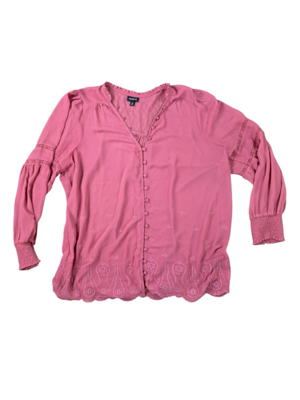Woman’s Torrid semi sheer pink button down peasant blouse size 2 PLUS